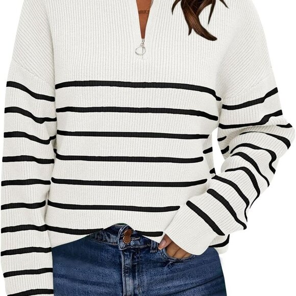 Women's Quarter Zip Striped Oversized Sweater for Fall - Picture 1 of 6